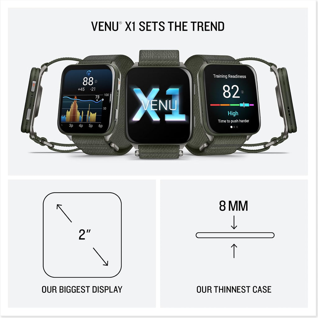 Garmin Venu X1, Thin and Lightweight GPS Smartwatch, 2 inch AMOLED Display, Advanced Health and Fitness Features, Moss with Titanium Caseback Bundle with Accessories