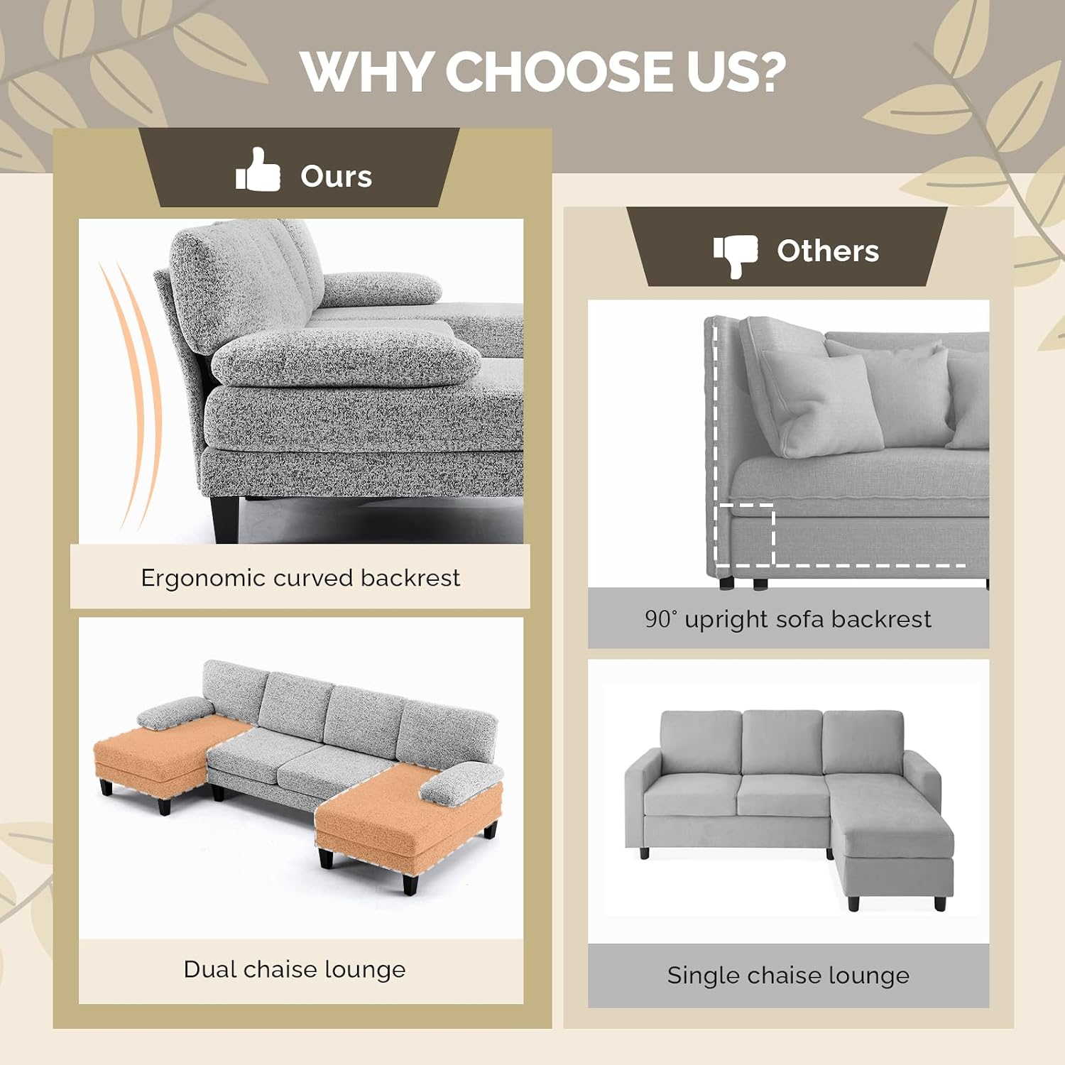 VINGLI 110' U-Shaped Sectional Couch with Two Chaise, Affordable Small Sofa with 4 Seats, Chenille Fabric Comfy Couches for Living Room, Light Grey
