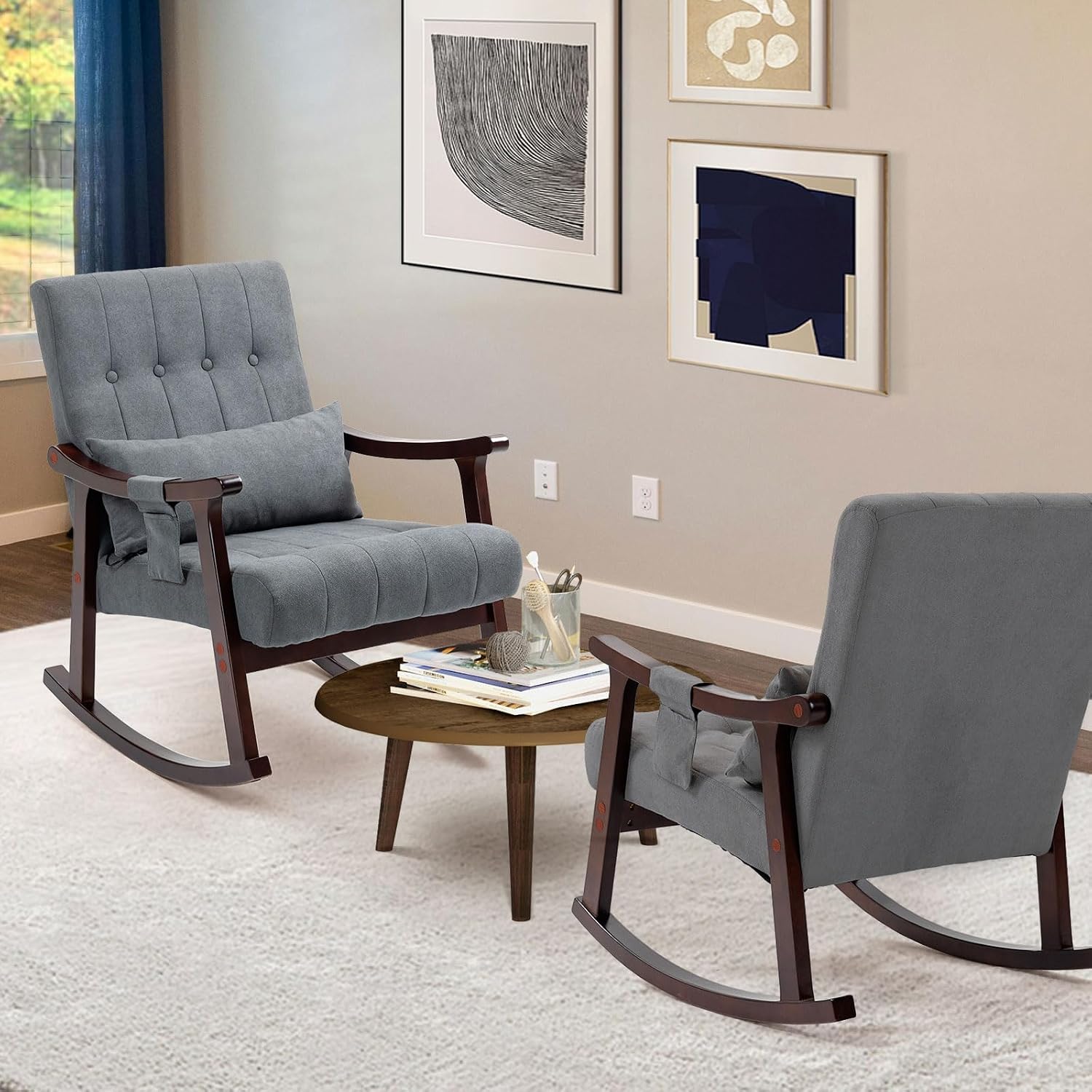 AVAWING Upholstered Rocking Chair Set of 2, Small Fabric Glider Rocker with 2-Point Massage Lumbar Pillow and Solid Wood Legs, for Bedroom and Living Room, Dark Grey