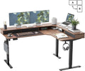 FEZIBO L-Shaped Electric Standing Desk, 63 x 48 Inches Height Adjustable, Reversible Tabletop, Corner Desk with Drawers, Ergonomic Computer Table, Black Walnut Top