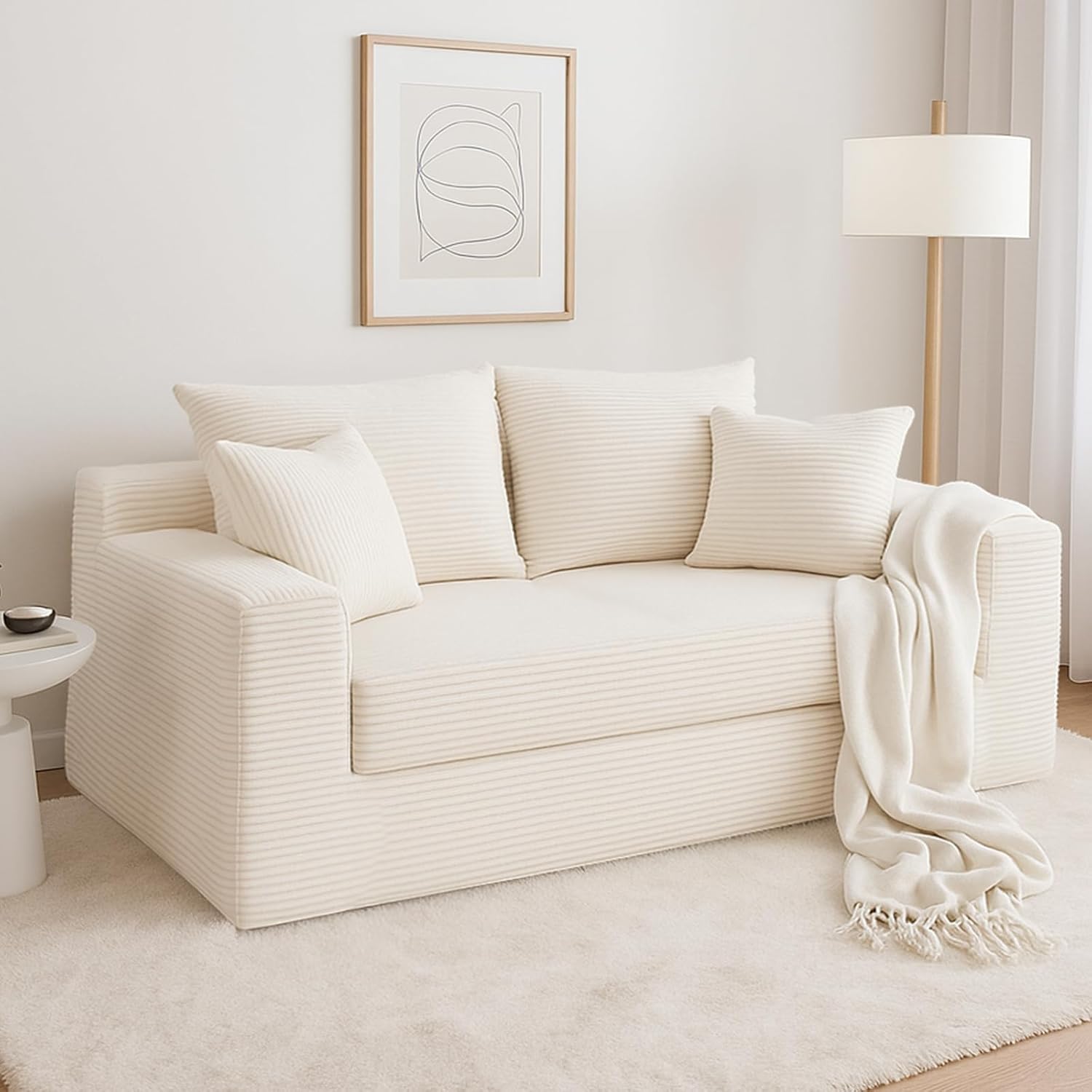 cidludto Convertible Sofa Bed, 3 in 1 Loveseat Folding Couch Bed Foldable - Chaise Lounge Chair & Floor Futon Sleeper, Corduroy Pull Out Sofa Bed with 4 Pillows for Living Room, Beige
