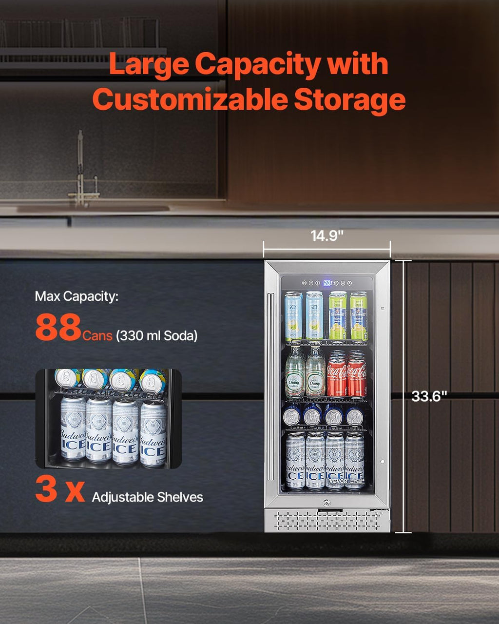 VEVOR Beverage Refrigerator Cooler, 88 Can Beverage Fridge, Mini Fridge with Glass Door, Adjustable Shelves, Digital Temperature Control, Built-in or Freestanding Soda Beer Fridge for Home Office Bar