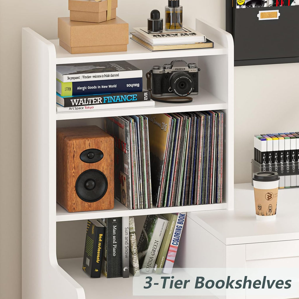 YOMILUVE 60' Computer Desk with Drawers & Bookshelves, Home Office Desk with Storage Cabinet & Spacious Desktop, Writing Gaming Study Table with Bookcase, White