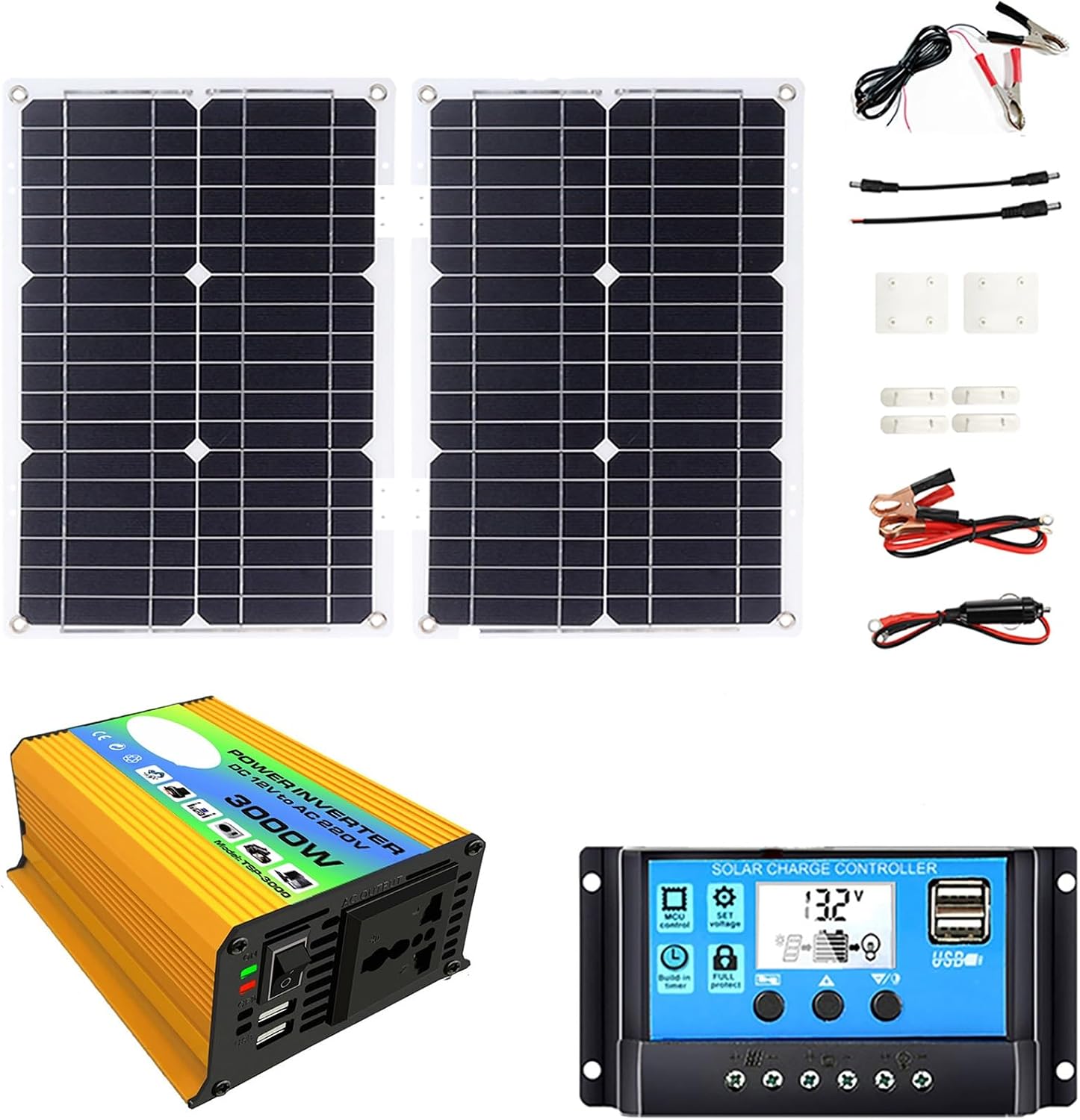 Solar Power System Set 36W Folding Solar Panel with Four USB Chargers + 3000W Power Inverter DC12V-110V/220V + 30A Solar Charge Controller(Yellow,12V-110V)