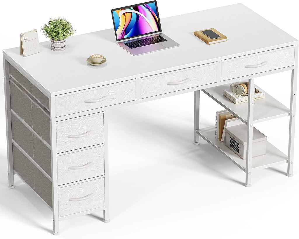 Huuger Computer Desk with 6 Drawers, Office Desk with Shelves, Reversible Gaming Desk, Corner Desk with Storage, Work for Home Office, Study, Living Room, 47inch, White