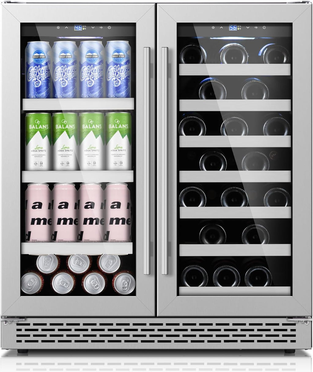 30 Inch Wine and Beverage Refrigerator, Beverage Fridge Cooler Under Counter, Dual Zone Commercial Bar Fridge for Beer with Seamless Stainless Steel Tempered Glass Door, 33 Bottles & 135 Cans