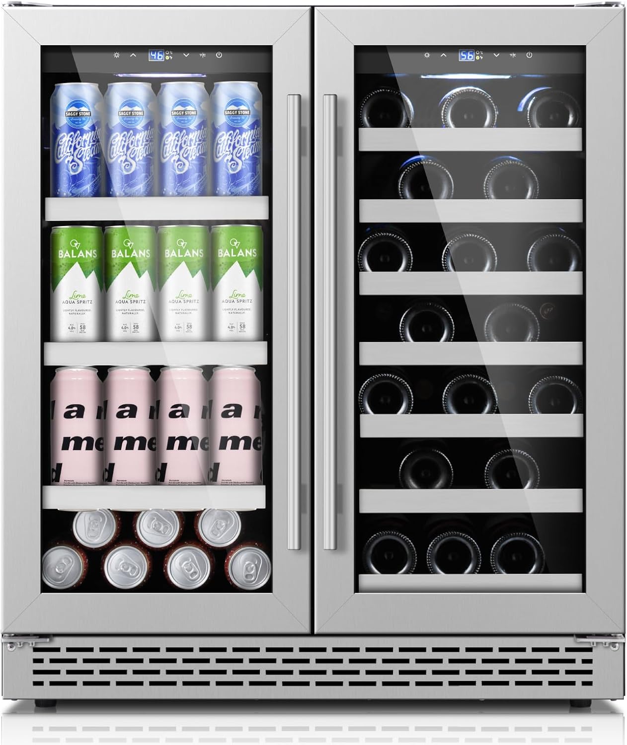 30 Inch Wine and Beverage Refrigerator, Beverage Fridge Cooler Under Counter, Dual Zone Commercial Bar Fridge for Beer with Seamless Stainless Steel Tempered Glass Door, 33 Bottles & 135 Cans