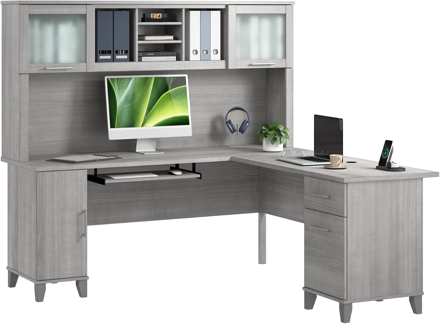 Bush Furniture Somerset L Shaped Desk with Hutch in Platinum Gray | Corner Computer Table with Drawers, Cabinets and Pullout Keyboard/Laptop Tray for Home Office
