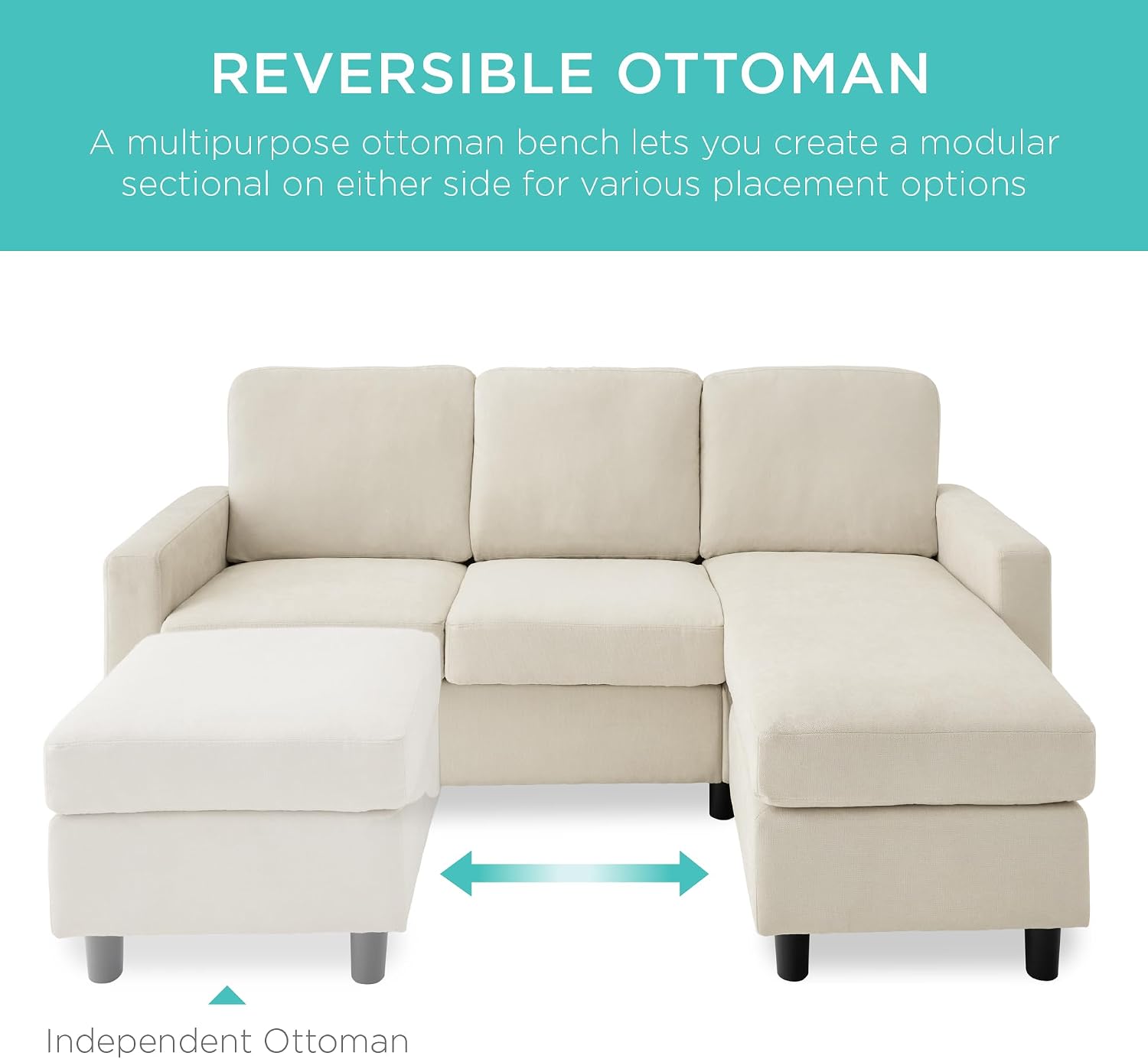 Best Choice Products Upholstered Sectional Sofa for Home, Apartment, Dorm, Bonus Room, Compact Spaces w/Chaise Lounge, 3-Seat, L-Shape Design, Reversible Ottoman Bench, 680lb Capacity - Ivory