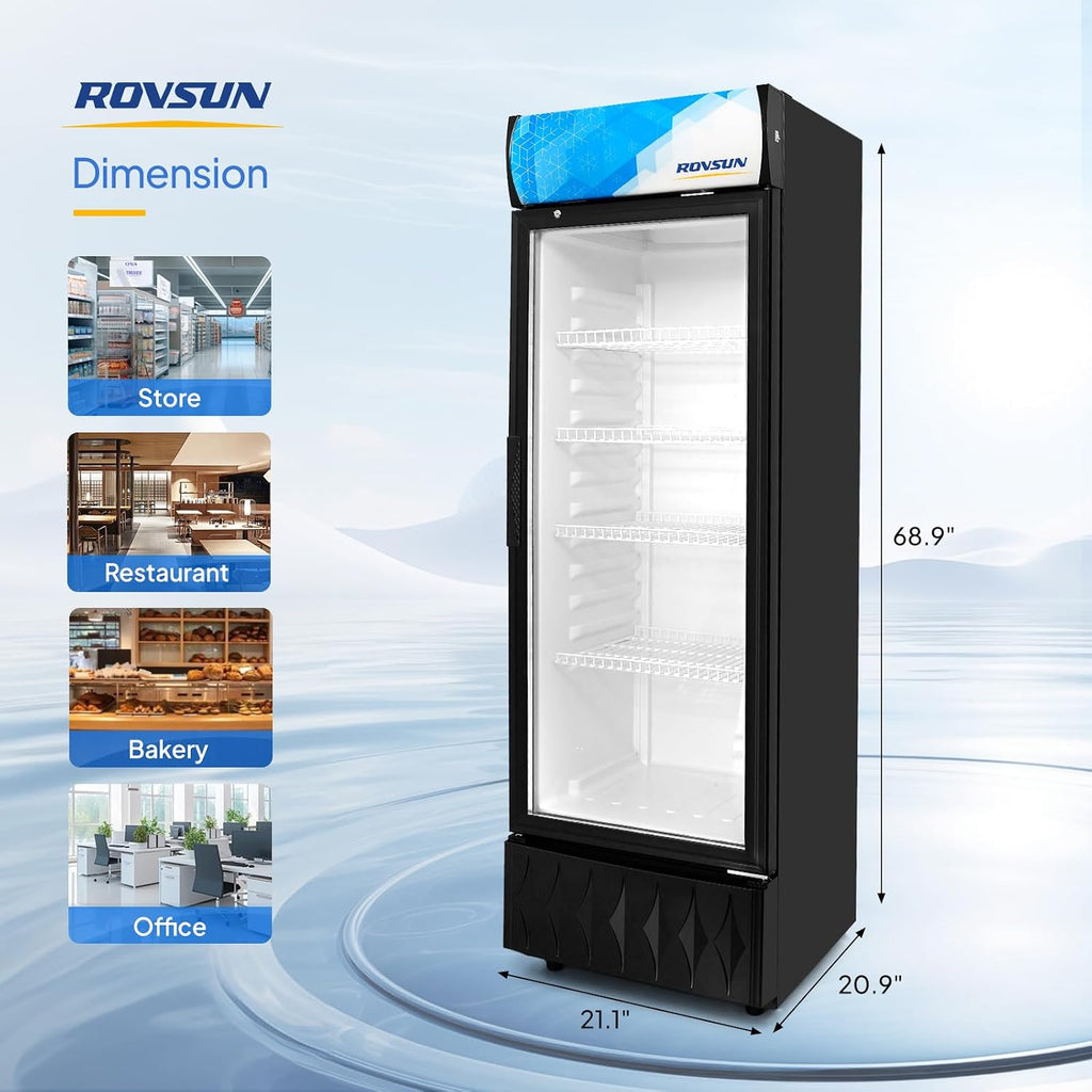 ROVSUN 8.5 Cu.Ft Commercial Beverage Refrigerator ETL NSF, Slim Merchandiser Refrigerator Display Refrigerator Beverage Cooler Glass Door Fridge w/Adjustable Shelves LED Light for Bar Restaurant Cafe
