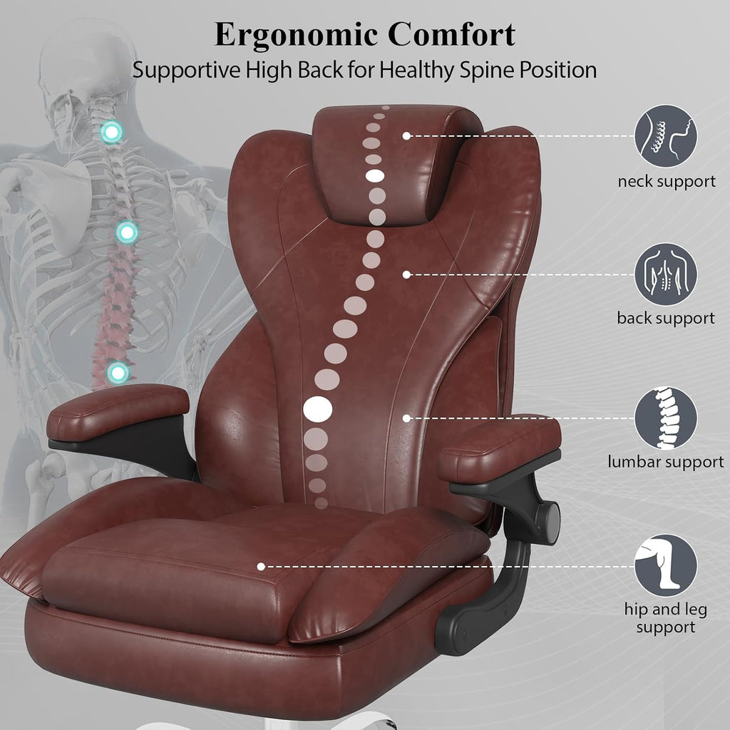 Office Desk Chair, Executive Leather Office Chair, High Back Ergonomic Home Desk Chair with Padded Flip-up Arms, Big and Tall Computer Chair with Rocking Function, 360°Swivel Free, Brown