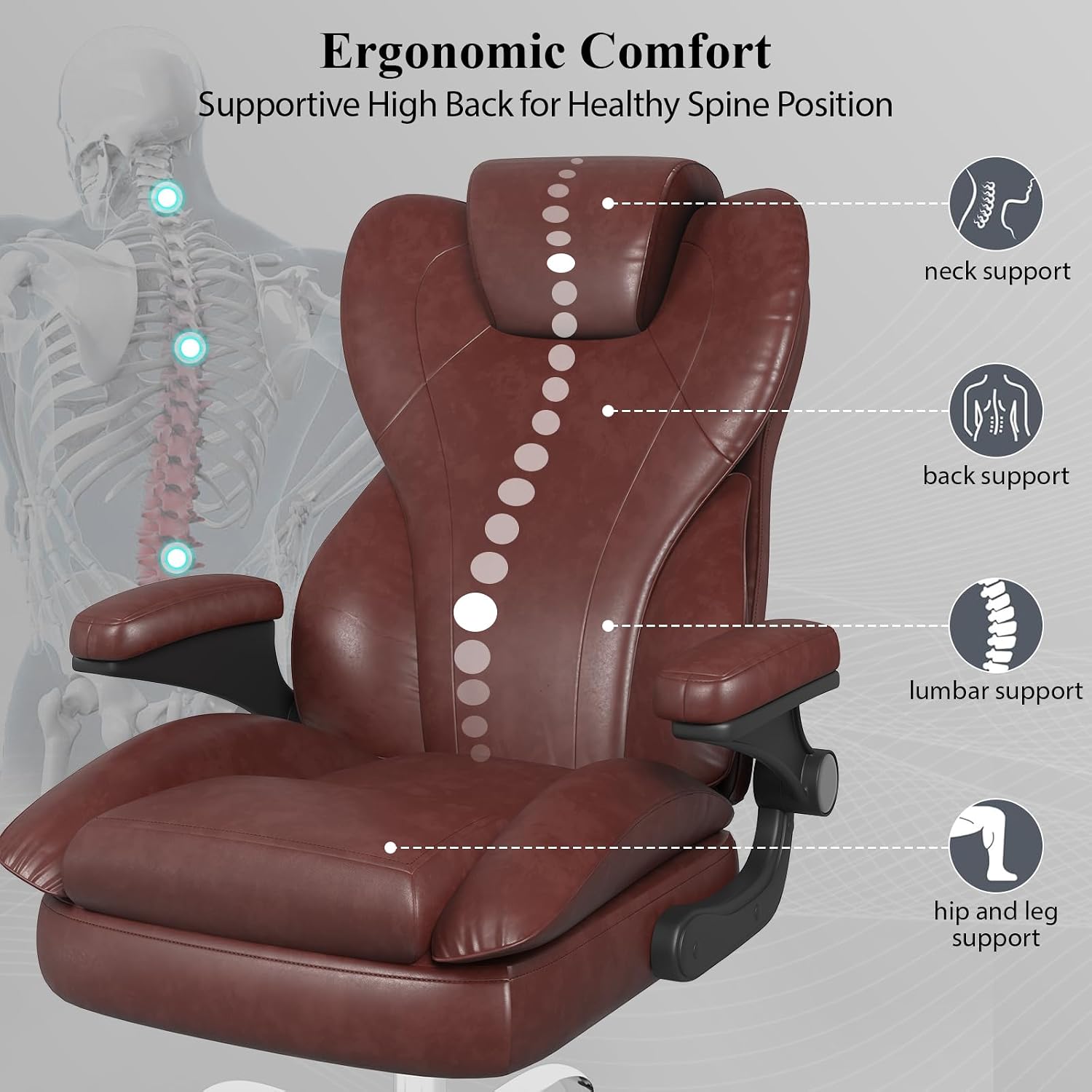 Office Desk Chair, Executive Leather Office Chair, High Back Ergonomic Home Desk Chair with Padded Flip-up Arms, Big and Tall Computer Chair with Rocking Function, 360°Swivel Free, Brown