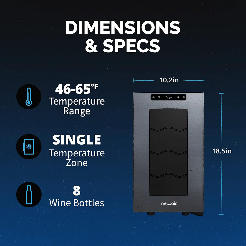 NewAir Shadow-T Series 8 Bottle Thermoelectric Wine Fridge, Countertop Wine Refrigerator, Mirrored Compact Wine Cellar, Triple-Layer Glass Door Cooler, Vibration-Free & Ultra-Quiet Cooling