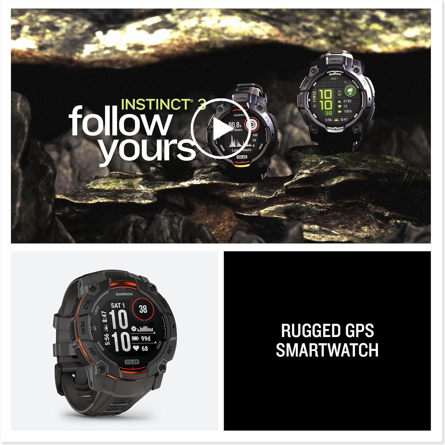 Garmin Instinct® 3 50mm, Solar Charged Display, Rugged Outdoor GPS Smartwatch, Metal-Reinforced Bezel, Built-in Flashlight, Black with Charcoal Band