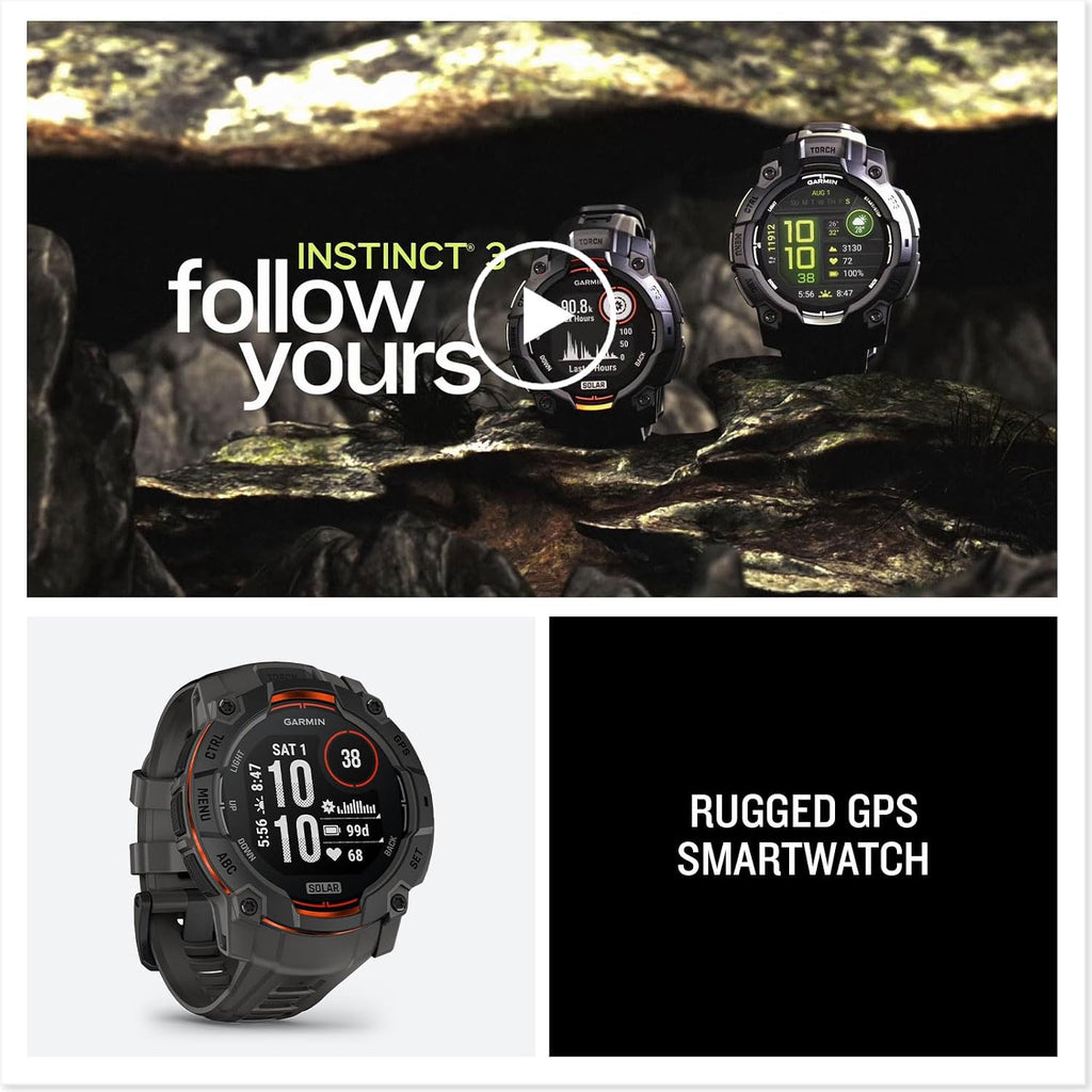 Garmin Instinct 3 Advanced GPS Adventure Watch, Black with Charcoal Band | 50mm Solar Charged Display | Wrist Based Heart Rate Monitor with Signature Stand Power Bundle