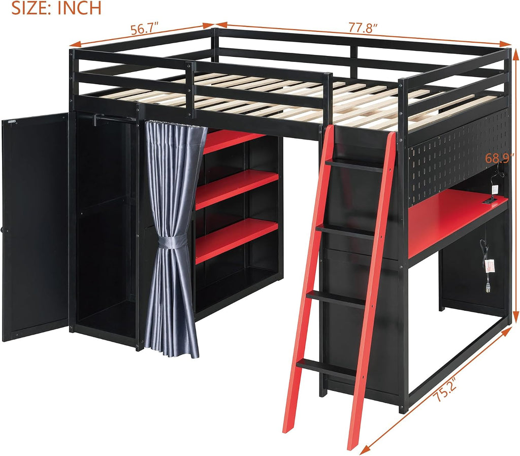 Full Gaming Loft Bed with Wardrobe & Desk & Charging Station & RGB Light,Esports Wood Loft Bed Frame with Storage Shelves,Curtains and DIY Pegboard,Space Saving,No Box Spring Needed,Black Red
