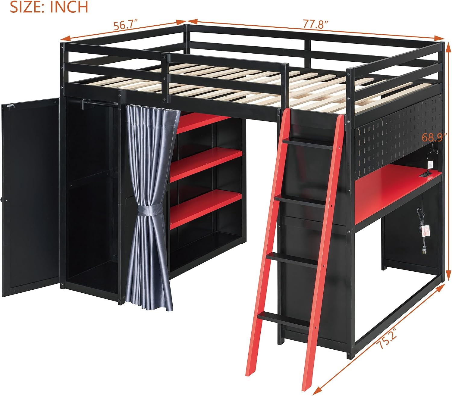 Full Gaming Loft Bed with Wardrobe & Desk & Charging Station & RGB Light,Esports Wood Loft Bed Frame with Storage Shelves,Curtains and DIY Pegboard,Space Saving,No Box Spring Needed,Black Red
