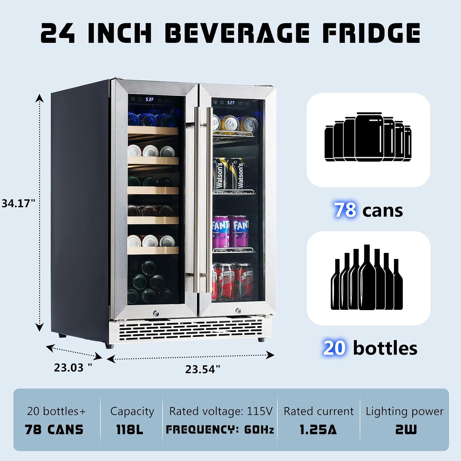 Albott Beverage Refrigerator - 24-Inch Dual Zone Cooler with Glass Door, Freestanding/Under Counter Wine and Beer Fridge, Holds 20 Bottles & 78 Cans, Ideal for Kitchen, Bar, Office, 34-64℉ & 41-68℉