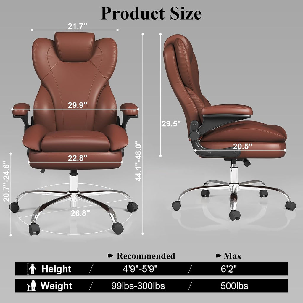 Office Desk Chair, Executive Leather Office Chair, High Back Ergonomic Home Desk Chair with Padded Flip-up Arms, Big and Tall Computer Chair with Rocking Function, 360°Swivel Free, Light Brown