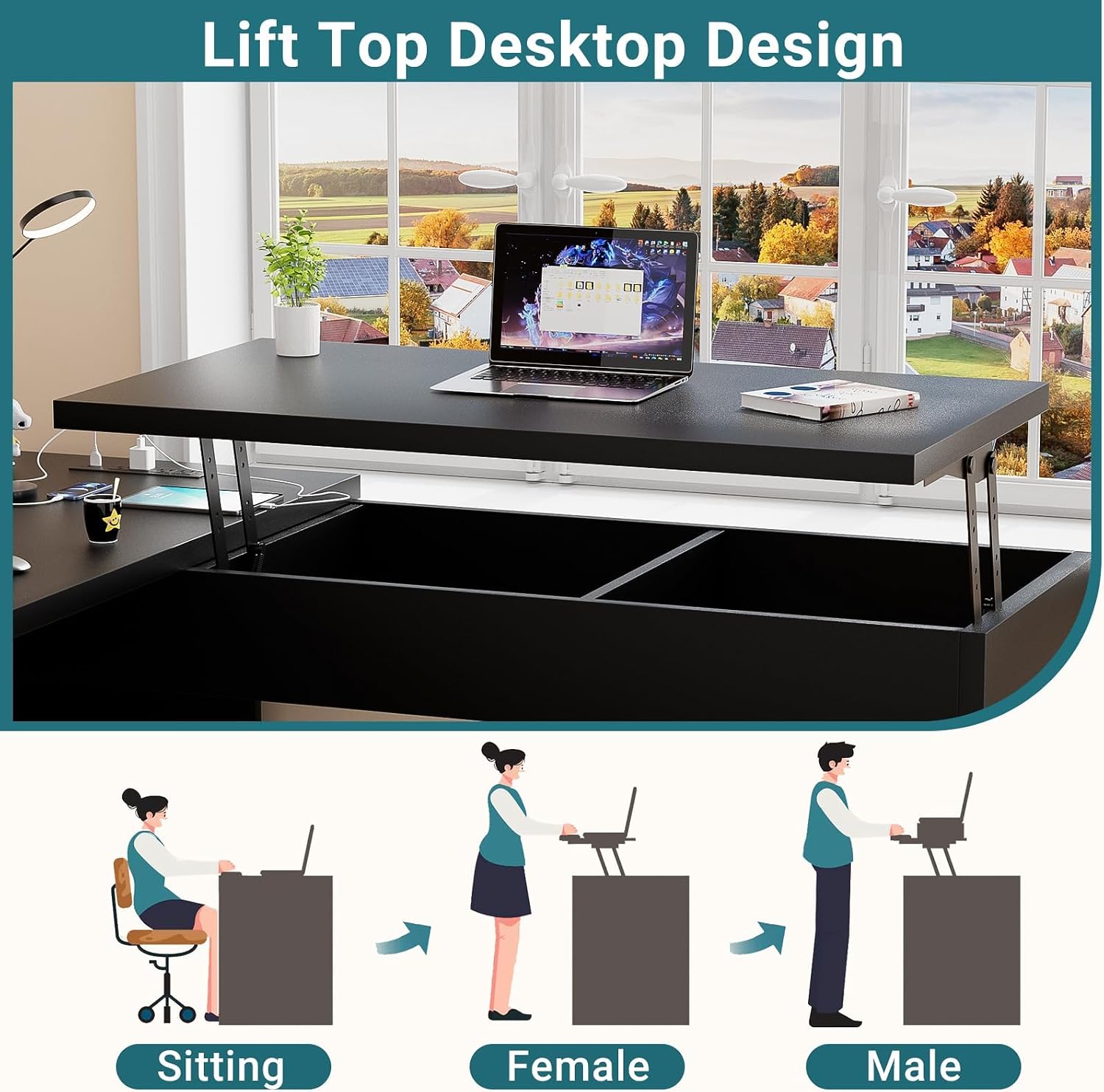 Unikito L Shaped Desk with Lift Top and Drawers, Large Office Desk with Power Outlets and USB Charging Ports, Sturdy Corner Computer Desk Writing Table with Storage, L Shape Standing Desk, Black