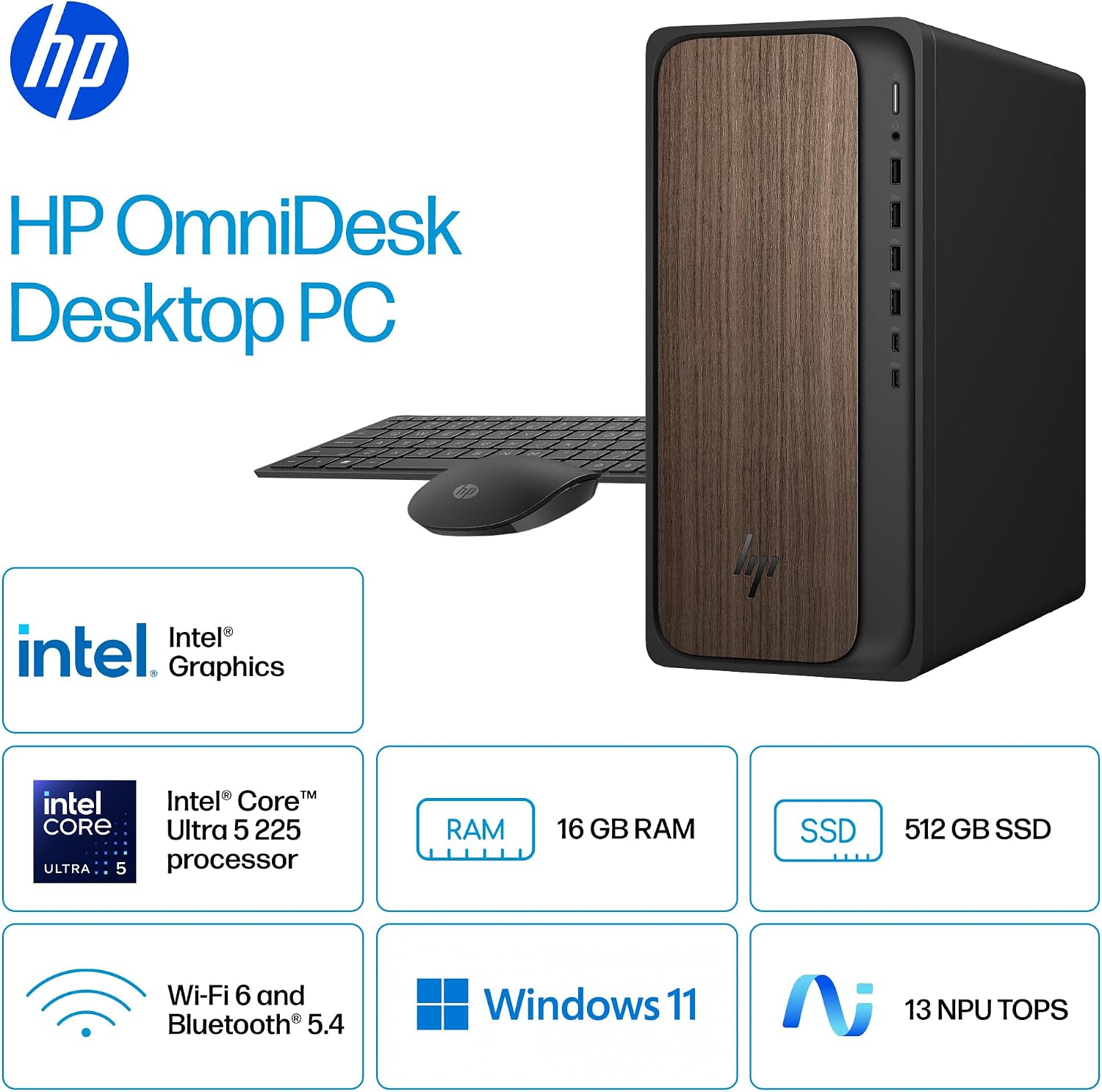 HP OmniDesk Desktop PC, Intel Core Ultra 5 225, 16 GB RAM, 512 GB SSD, Intel Graphics, Windows 11 Home, Microsoft Copilot, Dark Wood, M03-0010 (2025)