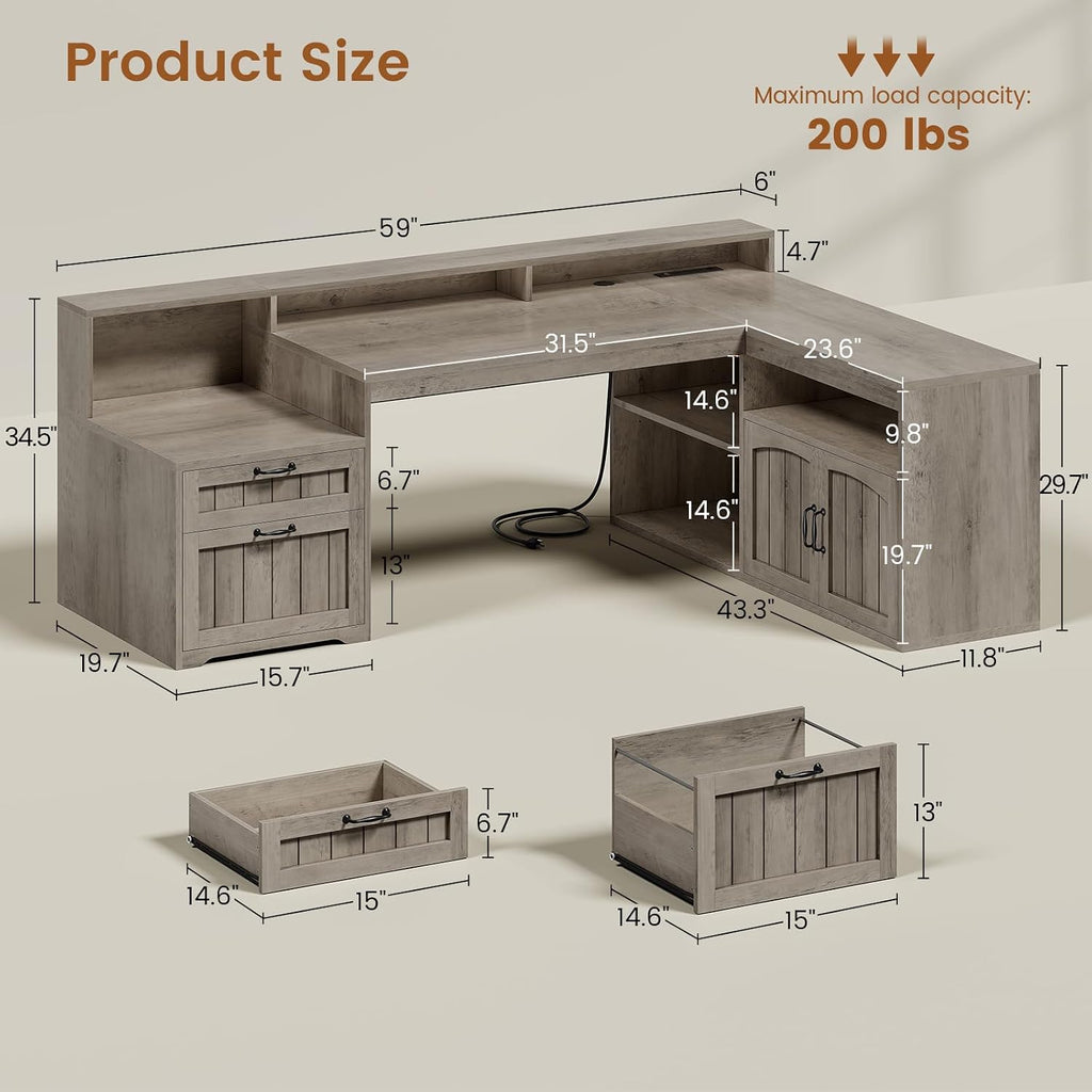 SEDETA Farmhouse L Shaped Desk with Drawers, 59' Office Desk with File Drawers, Wood Corner Computer Desk with Storage, Home Office Desks with Storage Cabinet and Monitor Stand, Grey