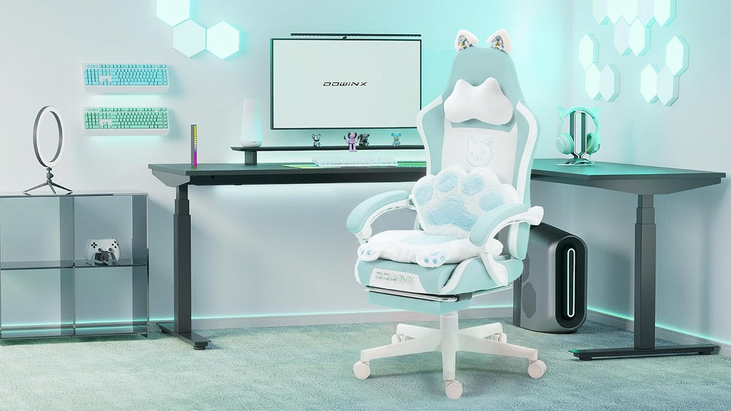 Dowinx Gaming Chair Cute with Cat Ears and Paw Lumbar, Ergonomic Computer Chair for Girl with Footrest and Headrest, Comfortable Reclining Game Chair 291lbs for Adult, Teen, Blue Green