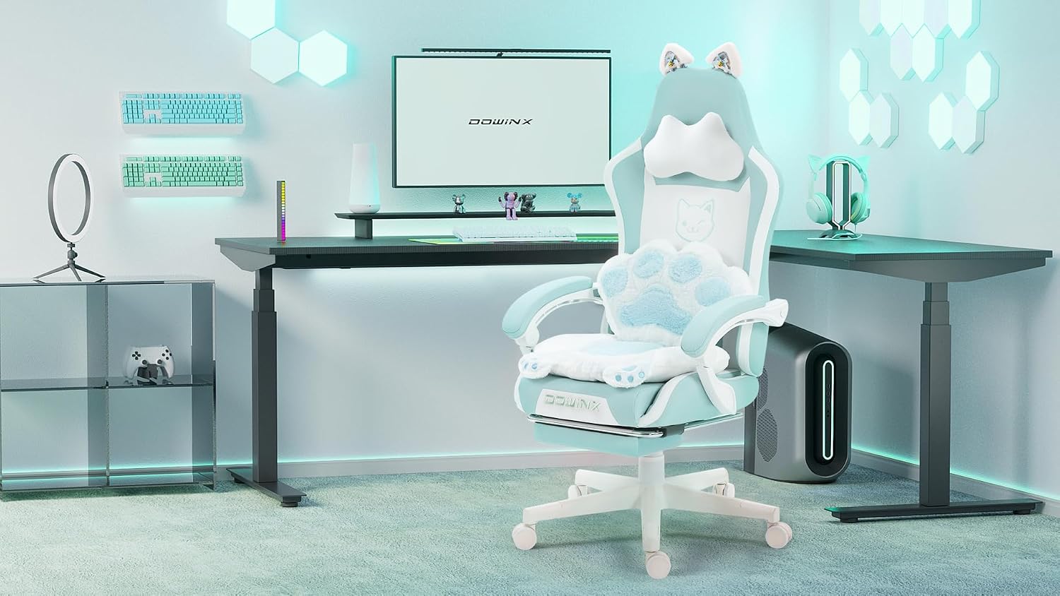 Dowinx Gaming Chair Cute with Cat Ears and Paw Lumbar, Ergonomic Computer Chair for Girl with Footrest and Headrest, Comfortable Reclining Game Chair 291lbs for Adult, Teen, Blue Green