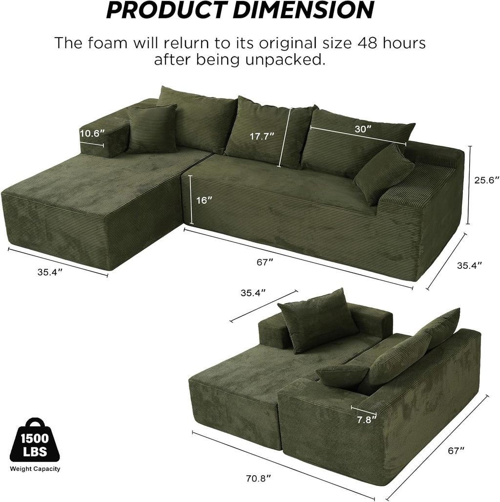 Green 103' Sectional Couches for Living Room, Boneless Couch with L-Shape Chaise, Modular Sofa in Box with Deep Seat, No Assembly Required