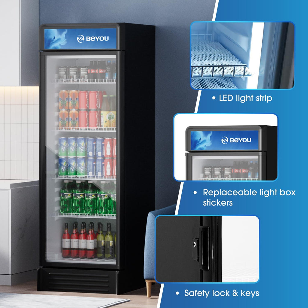 BEYOU Commercial Beverage Refrigerator, 9.7 cu. Ft Upright Dispaly Merchandiser with Single Glass Door, Drink Cooler for Living Room,Bar, Garage（Black）