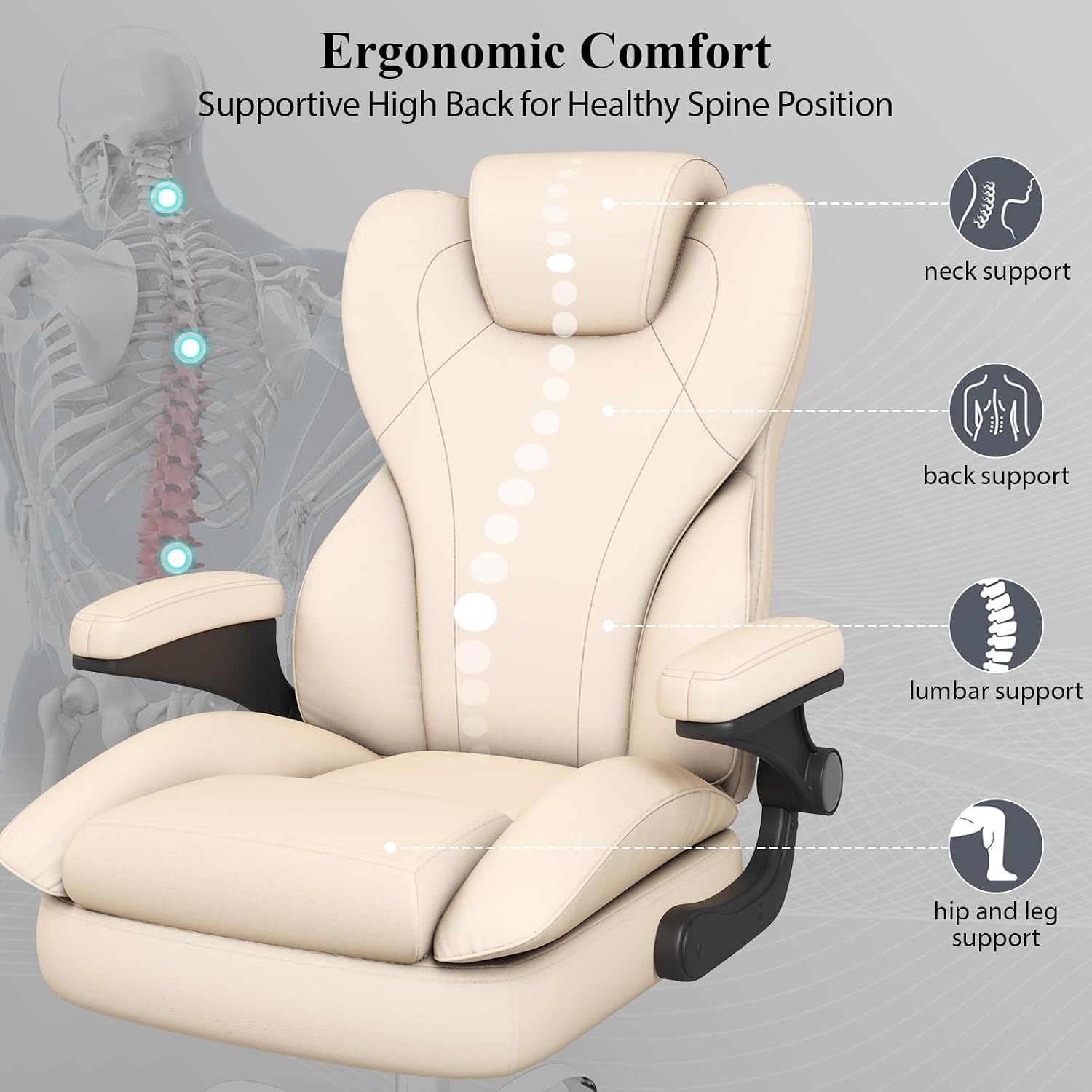 Office Desk Chair, Executive Leather Office Chair, High Back Ergonomic Home Desk Chair with Padded Flip-up Arms, Big and Tall Computer Chair with Rocking Function, 360°Swivel Free, Beige