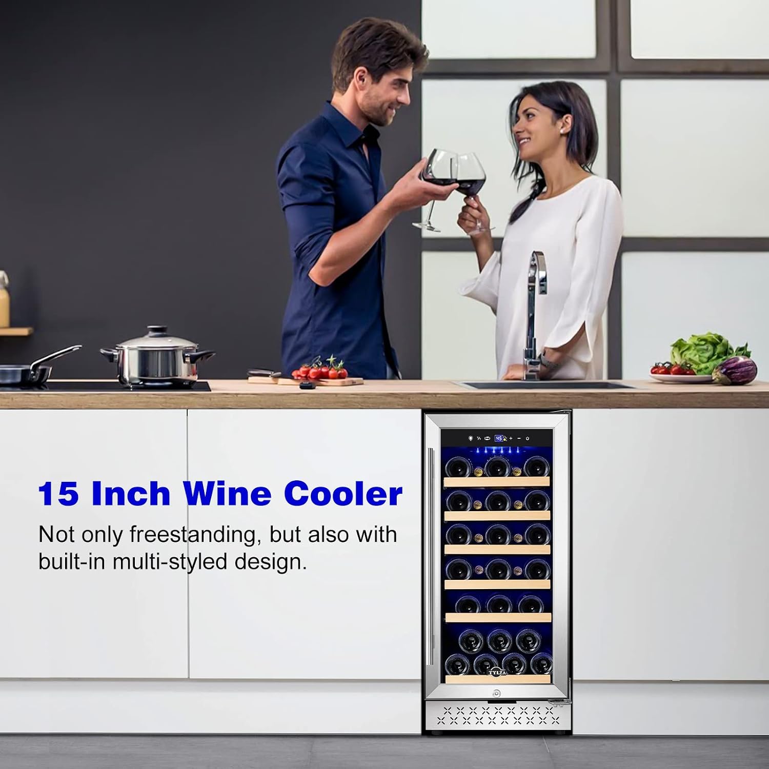 Tylza 15 Inch Wine Cooler Under Counter, 30 Bottles Built-in Wine Fridge with Stainless Steel Tempered Glass Door, Temp Memory Function, Freestanding Fast Cooling Wine refrigerator, Quiet Operation