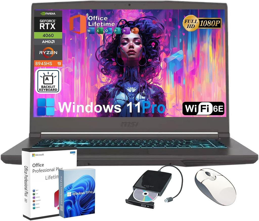 msi Thin 15 Gaming Laptop – Ryzen 9 8945HS (Beats i9-13900H) • RTX 4060 DDR6 • 15.6' 144Hz Display • Wi-Fi 6E • w/MS Office Lifetime, External DVD Drive • Win 11 Pro (16GB DDR5 RAM, 1TB SSD)