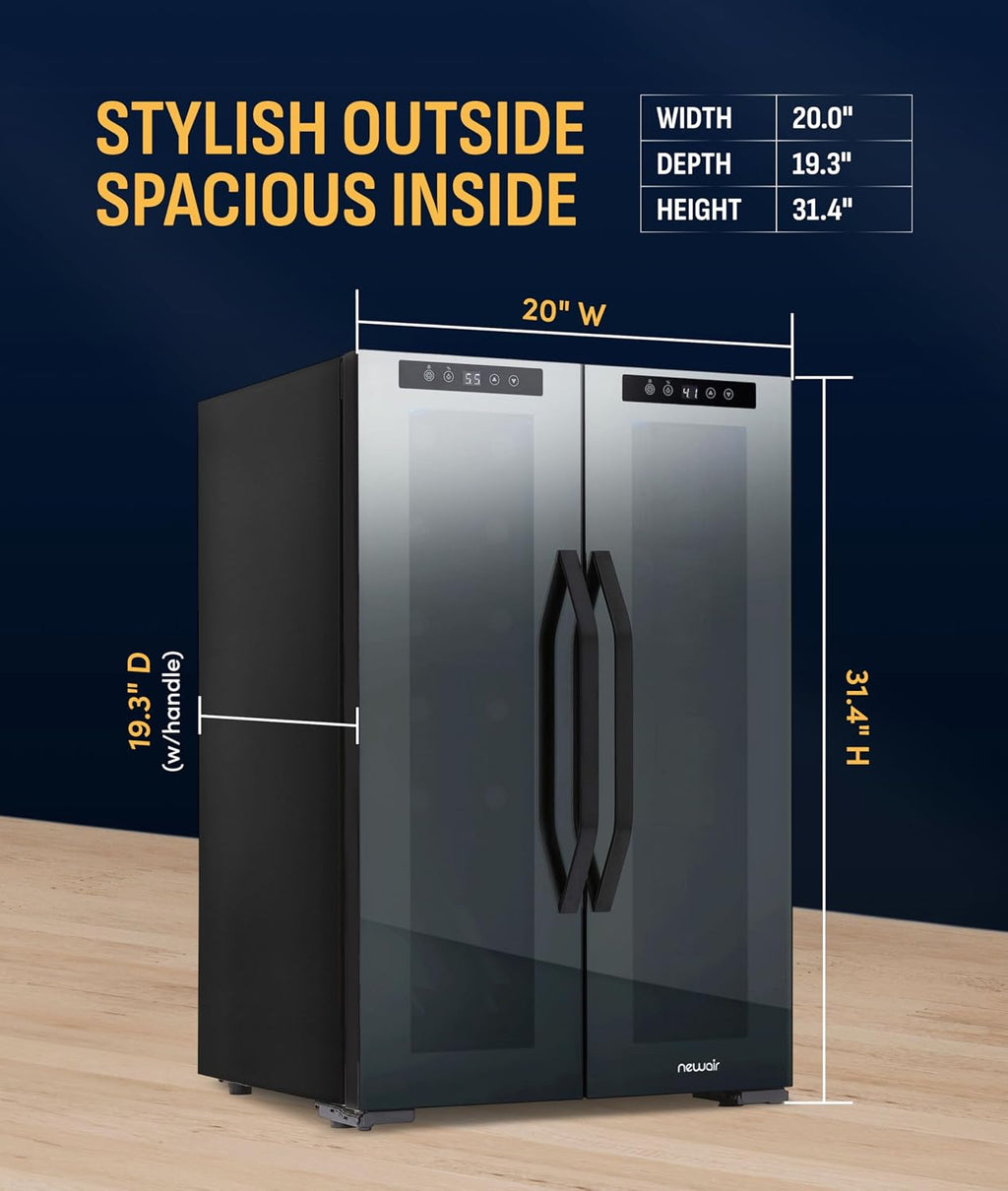 NewAir 20' Dual Zone Beverage Refrigerator & Wine Cooler for 12 Bottles & 39 Cans | Freestanding or Built-In Under Counter Mini Fridge for Beer, Wine and Soda | Black