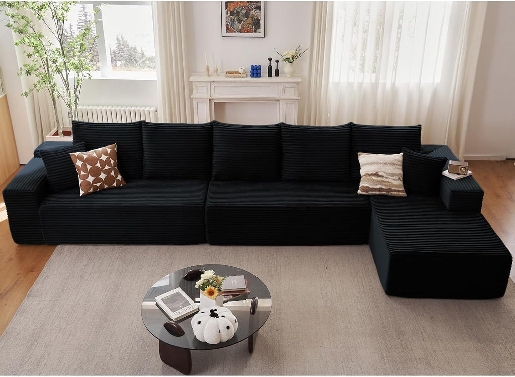 166.9' Cloud Sectional Couch with L-Shape Chaise, Upholstered Corduroy Couches Sleeper with Deep Seat, Modern Modular Comfy Sofa Chaise Longue for Living Room Bedroom, No Assembly Required, Black