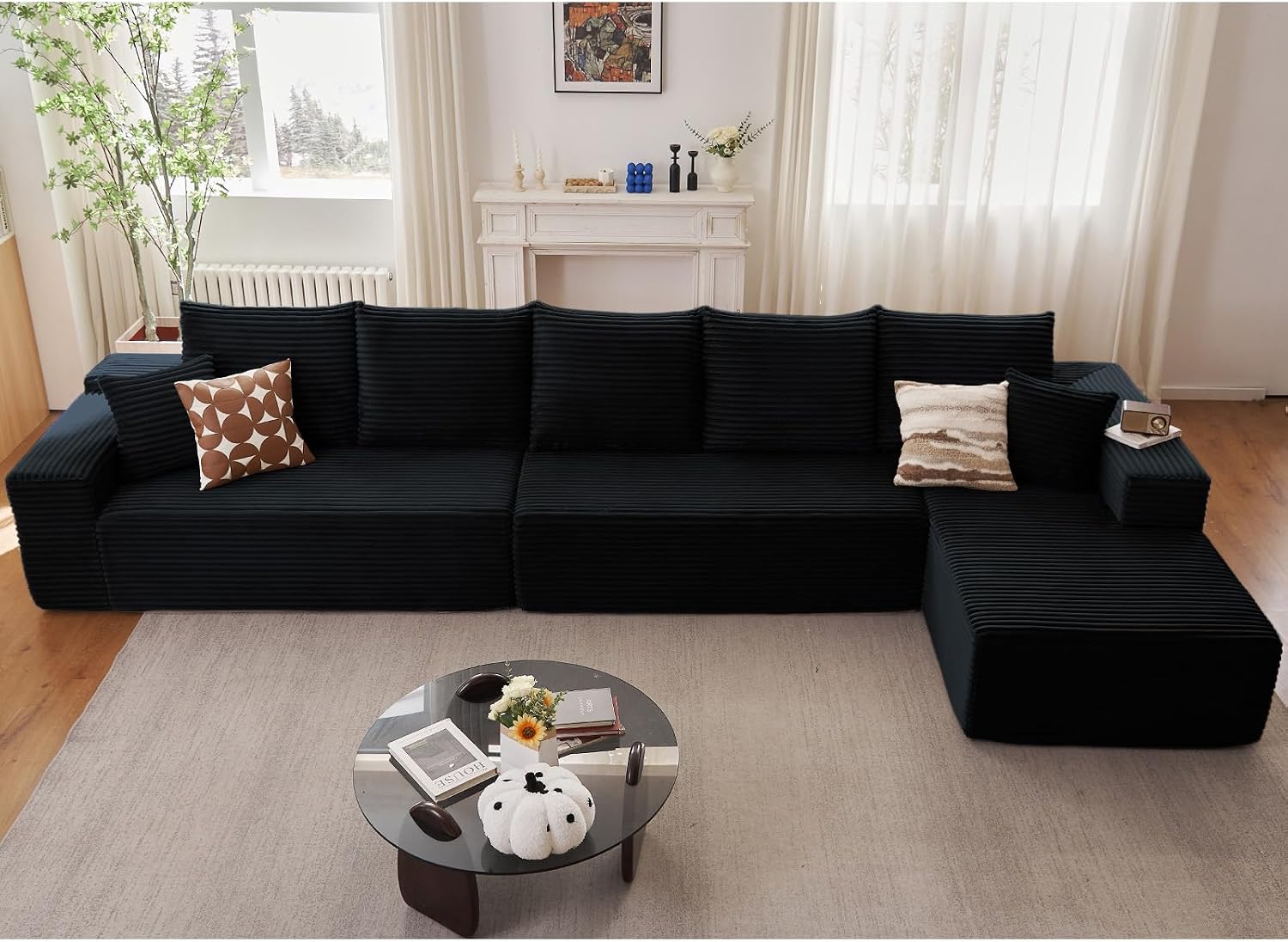 166.9' Cloud Sectional Couch with L-Shape Chaise, Upholstered Corduroy Couches Sleeper with Deep Seat, Modern Modular Comfy Sofa Chaise Longue for Living Room Bedroom, No Assembly Required, Black