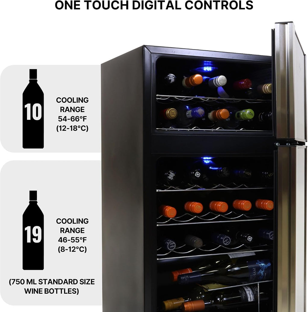 Koolatron 29 Bottle Dual Zone Wine Cooler, Black, 3 cu ft (86L) Compressor Wine Fridge, Freestanding Wine Cellar, Red, White, Sparkling Wine Storage in Home Bar, Kitchen, Apartment, Condo