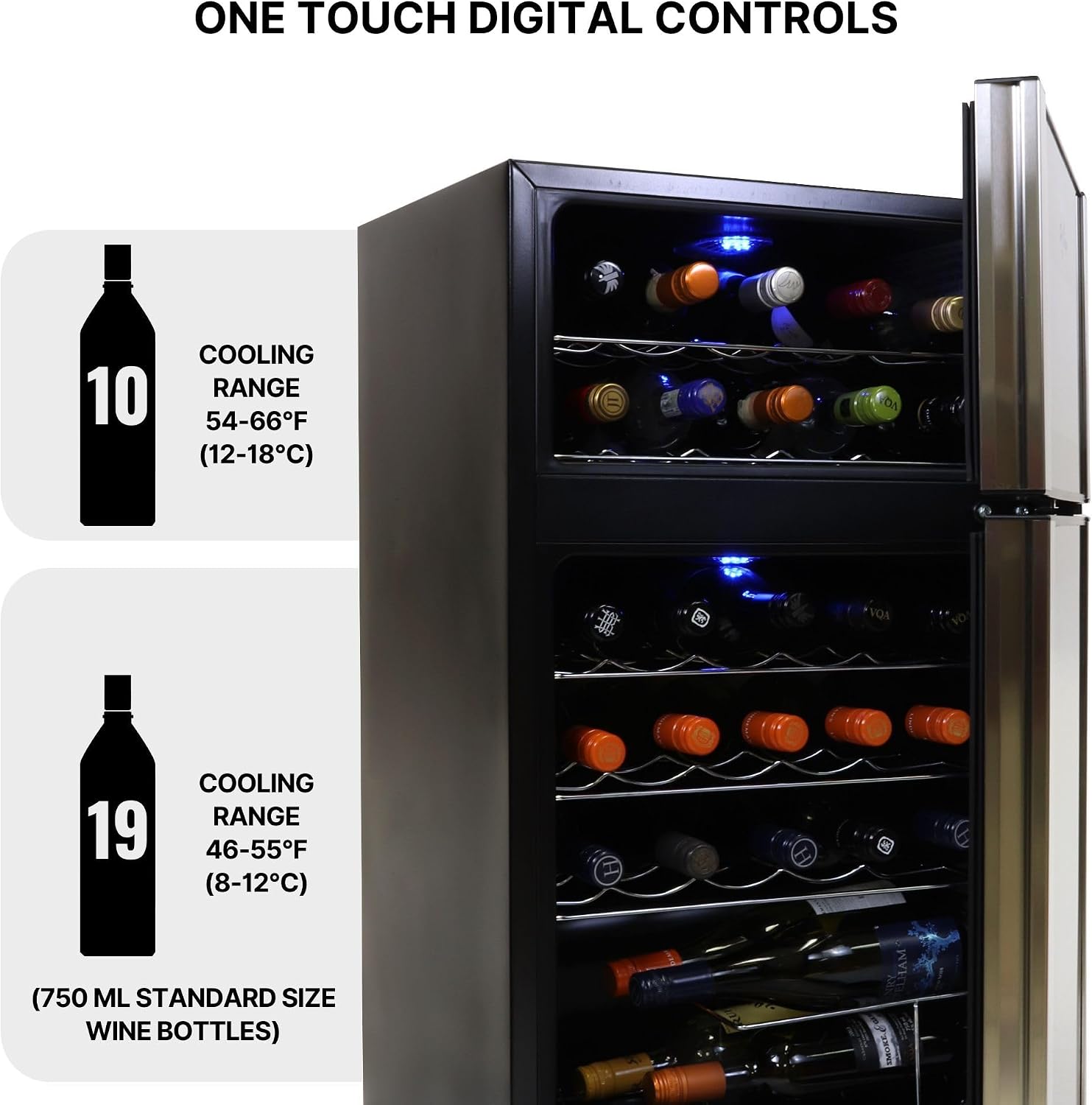Koolatron 29 Bottle Dual Zone Wine Cooler, Black, 3 cu ft (86L) Compressor Wine Fridge, Freestanding Wine Cellar, Red, White, Sparkling Wine Storage in Home Bar, Kitchen, Apartment, Condo