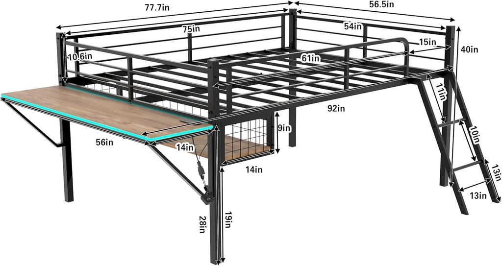Linique Full Size Gaming Loft Bed with Desk, LED, Charging Station and Staircase, Metal Bed Frame with Vented Mesh Undercarriage Storage, Black + Light Brown
