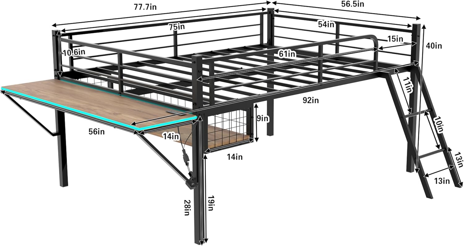 Linique Full Size Gaming Loft Bed with Desk, LED, Charging Station and Staircase, Metal Bed Frame with Vented Mesh Undercarriage Storage, Black + Light Brown