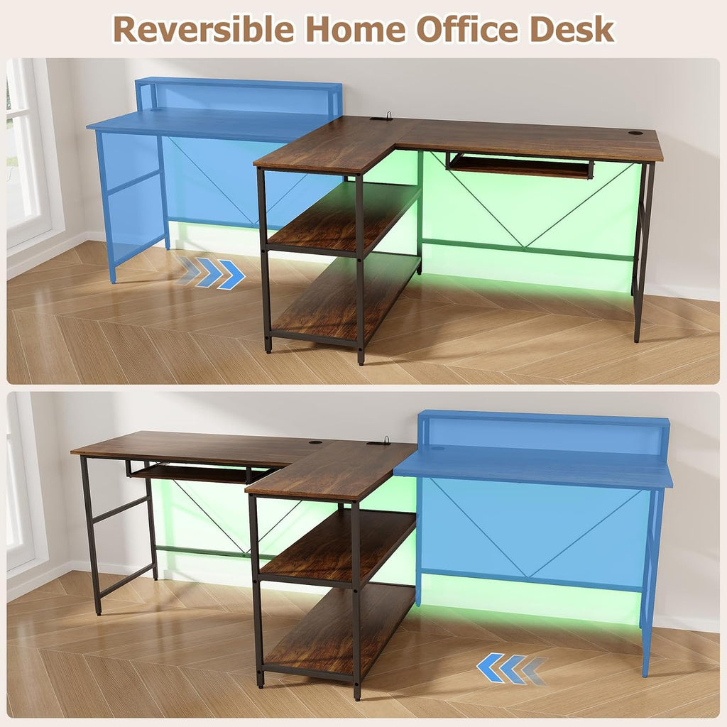Giantex 94.5' 2 Person Desk with LED Lights, Long PC Study Desk with Storage Shelves, Power Outlets, Keyboard Tray & Monitor Stand, Double Computer Desk Workstation for Home Office (Rustic Brown)