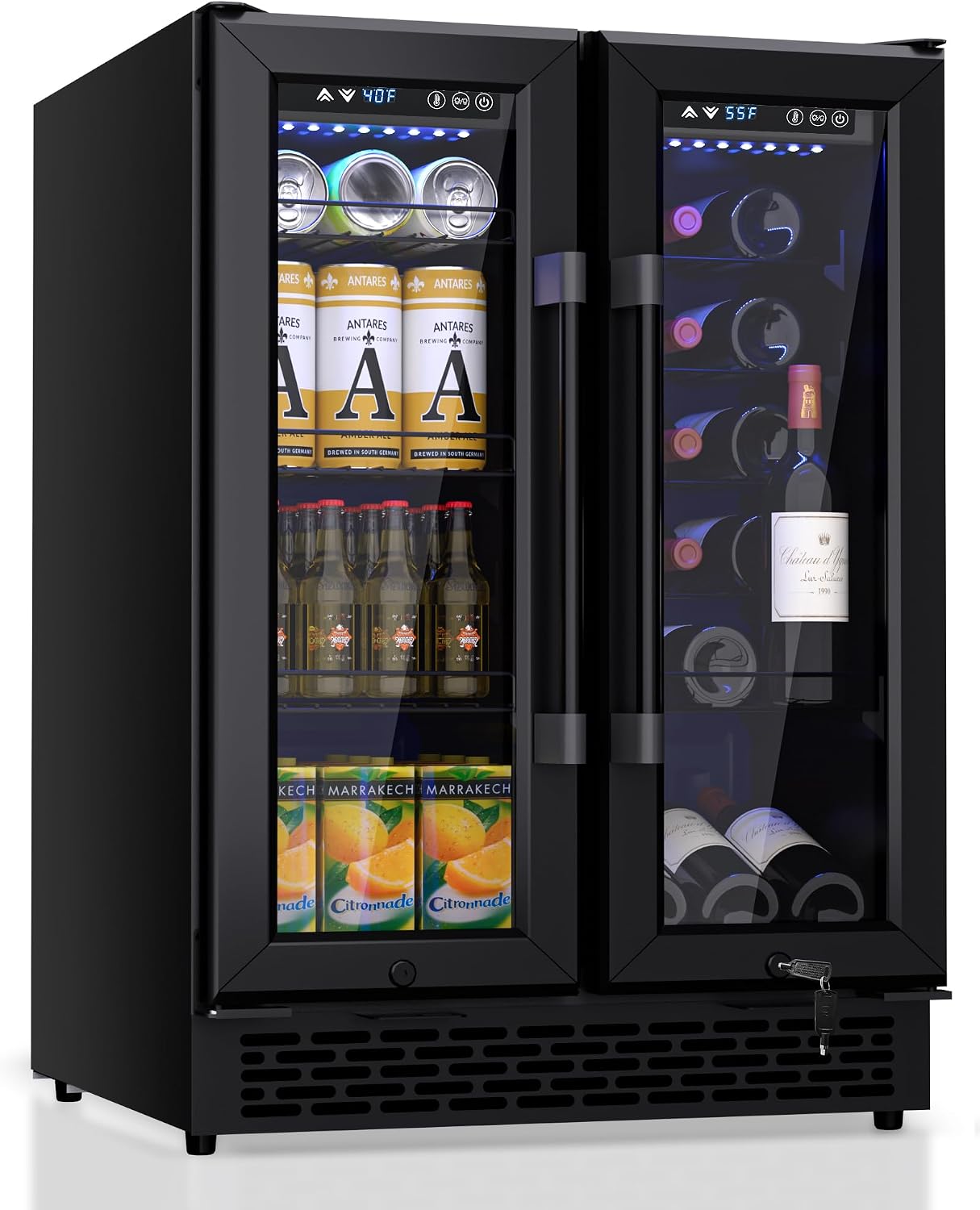 French Door Beverage Refrigerator: 160 Cans & 20 Wine Bottles Capacity, Dual Zone Cooling for Beer, Soda, and Wine, For Kitchen/Bar Use