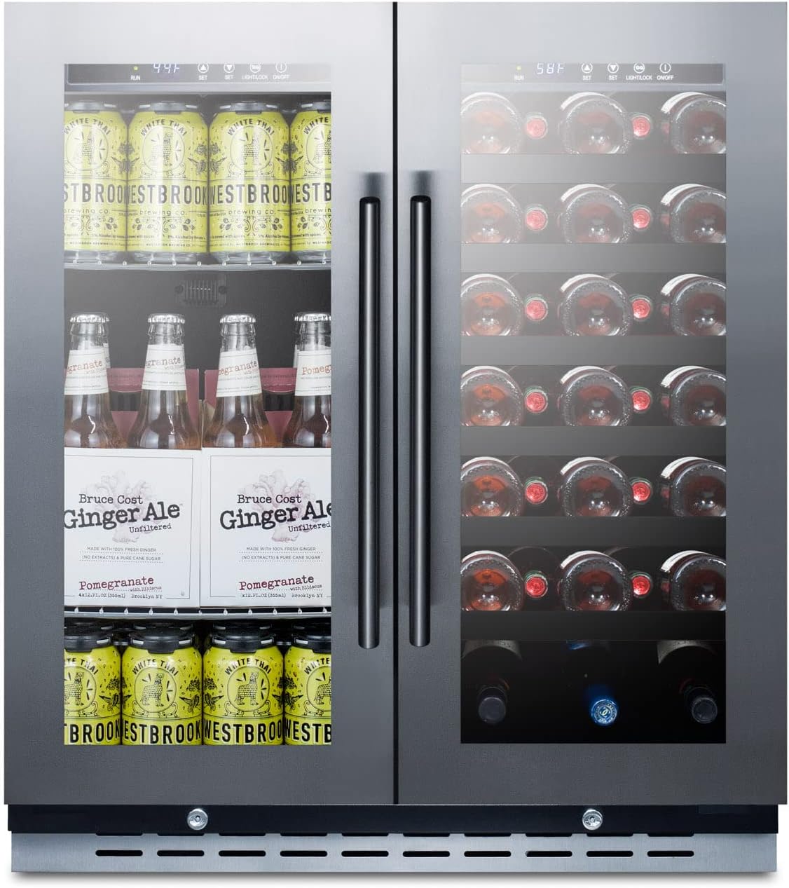 Summit 30' Wine Cellar/Beverage Center Combination Unit, 33 Bottle Capacity, 5.8 cu.ft. Capacity, Built-In Commercial Beverage Center, French Doors, Stainless Steel- SWBV3067B