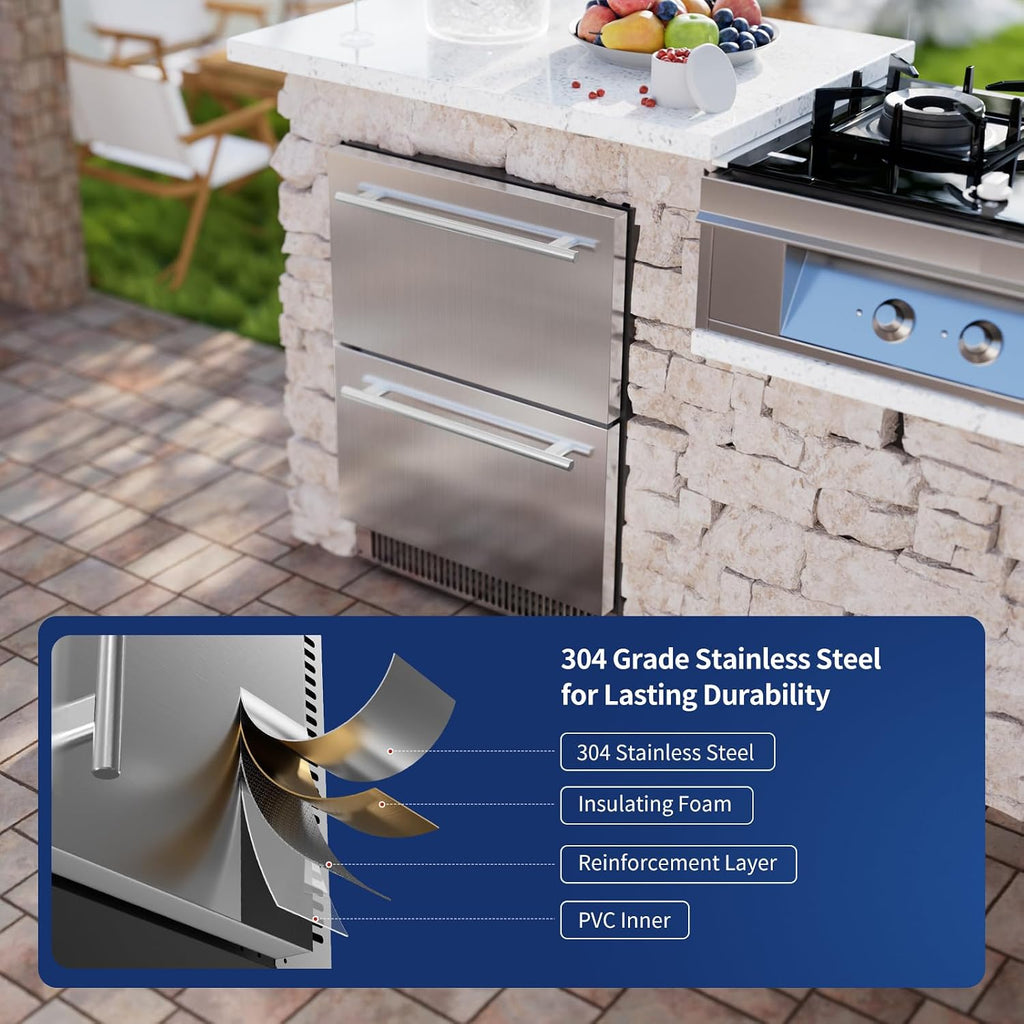 Coolski 24 Inch Under Counter Beverage Refrigerator Drawers, Built-in/Freestanding Stainless Steel Outdoor Refrigerator for Patio, Low Noise Beverage Cooler for Home, Bar, Kitchen, ETL, NSF Approved