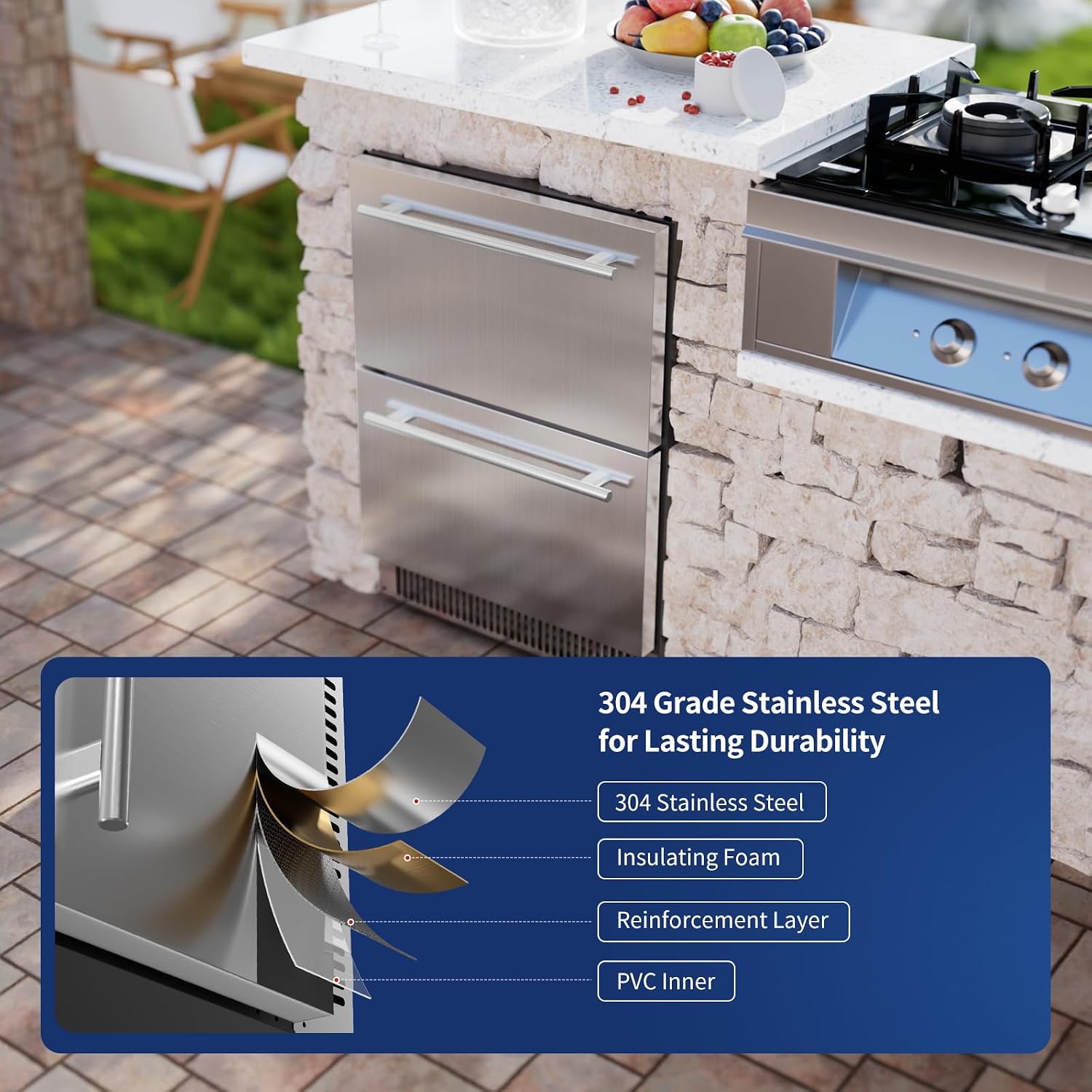 Coolski 24 Inch Under Counter Beverage Refrigerator Drawers, Built-in/Freestanding Stainless Steel Outdoor Refrigerator for Patio, Low Noise Beverage Cooler for Home, Bar, Kitchen, ETL, NSF Approved
