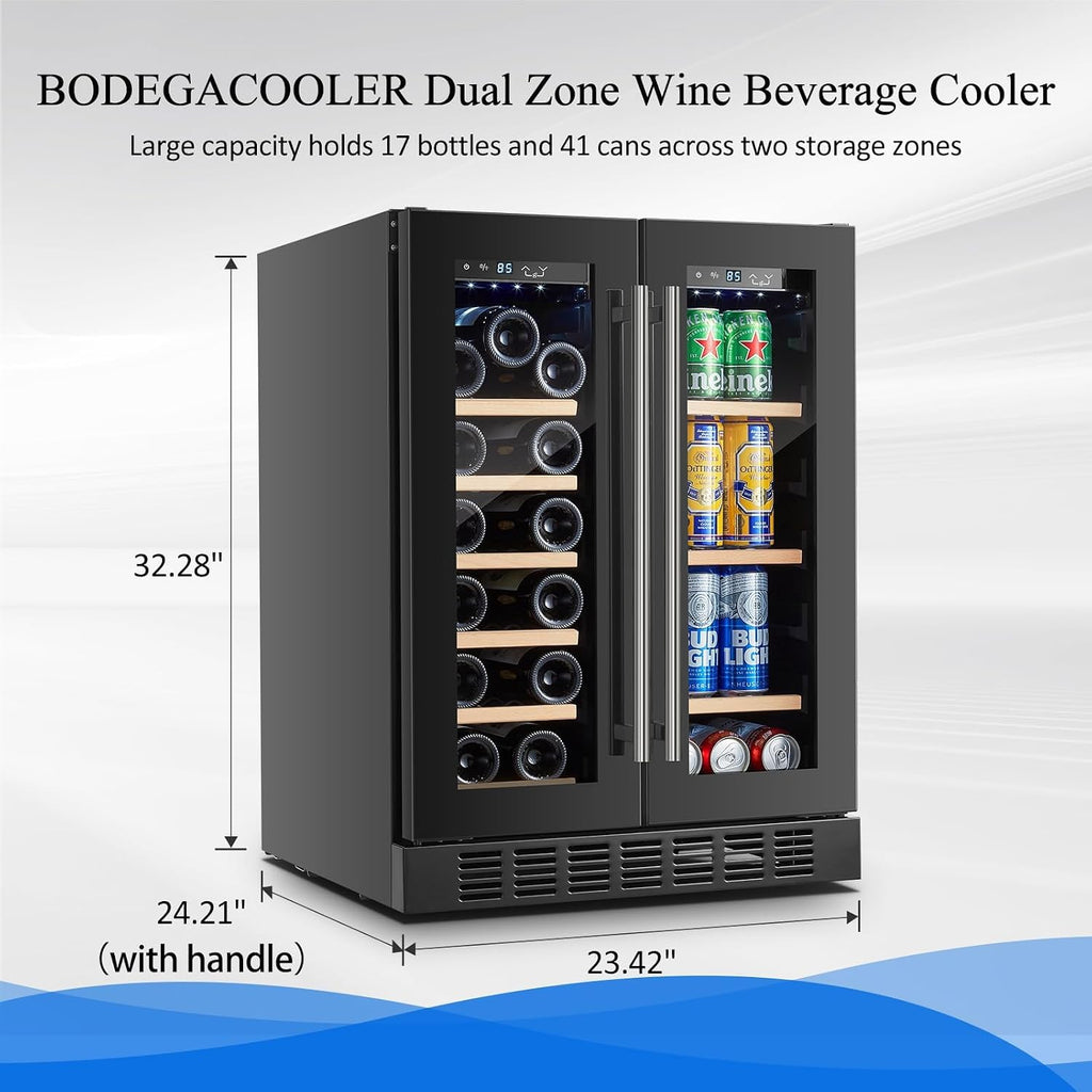 BODEGACOOLER 24 Inch Wine and Beverage Refrigerator Free Standing. Dual Zone Stainless Steel Wine Fridge under Counter, Drink Cooler for Beer, Soda, Champagne, Holds 41 Cans and 17 Bottles, Black