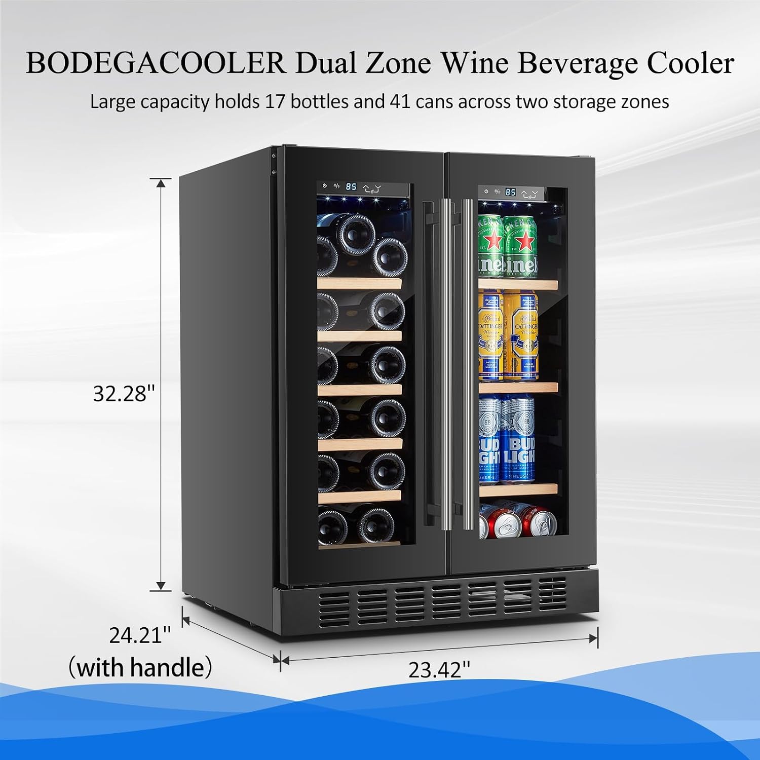 BODEGACOOLER 24 Inch Wine and Beverage Refrigerator Free Standing. Dual Zone Stainless Steel Wine Fridge under Counter, Drink Cooler for Beer, Soda, Champagne, Holds 41 Cans and 17 Bottles, Black