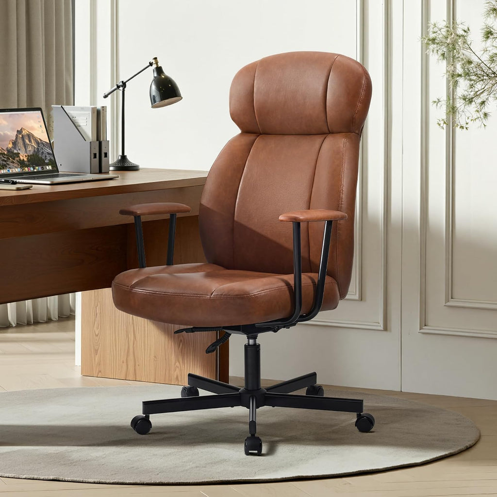 Cozyman Ergonomic PU Leather Home Office Chair, High Back Executive Desk Chair with 5-Layer Cushion, 95-135° Reclining Back, Lumbar Support, Adjustable Height, 360° Swivel for Home Office Task, Brown