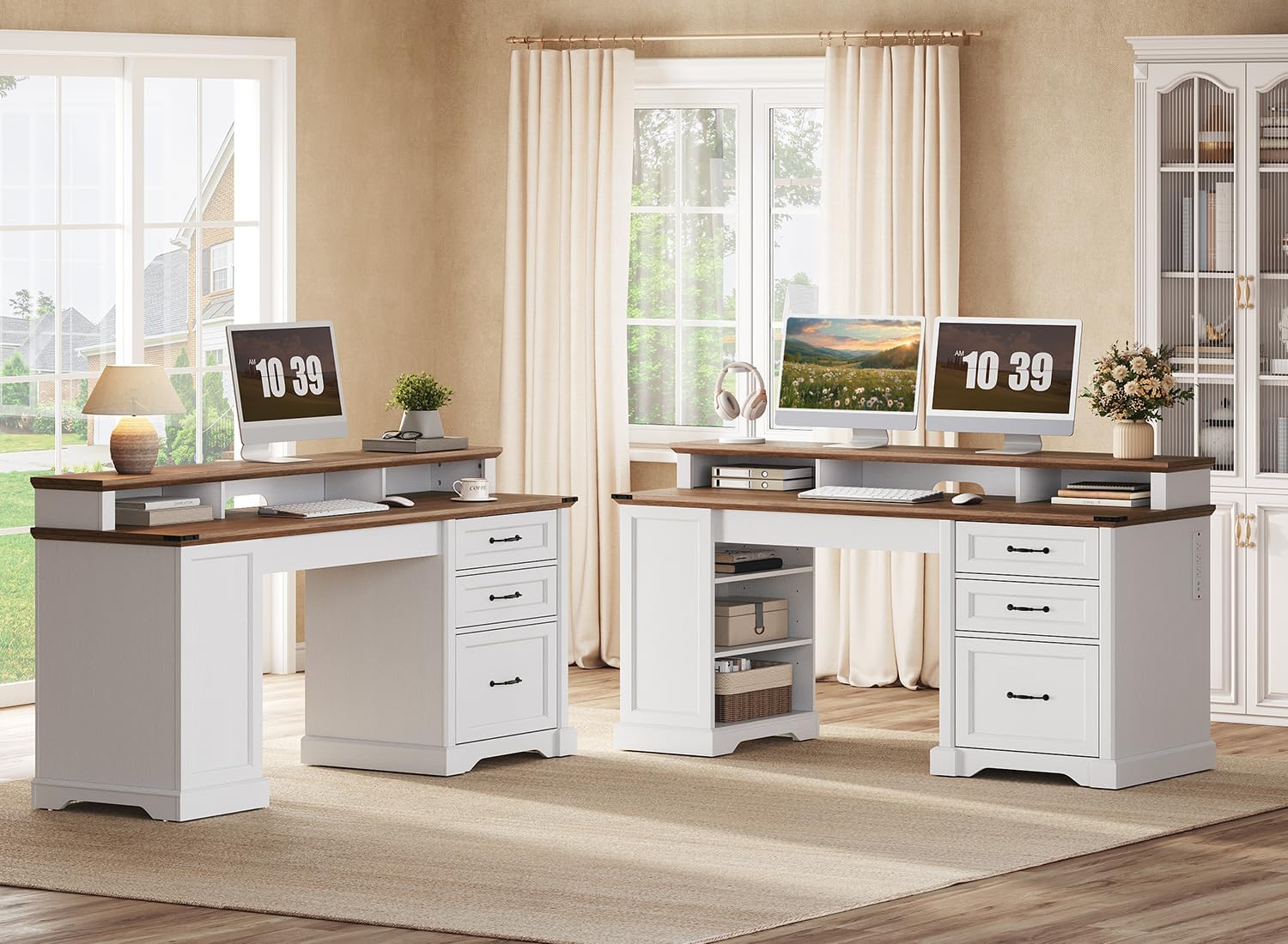 RALGEND 2 Pack 55'' Farmhouse Executive Desk with Drawers, Computer Desk with File Cabinet and Side Bookshelf, Writing Gaming Desk with Monitor Stand, White and Walnut