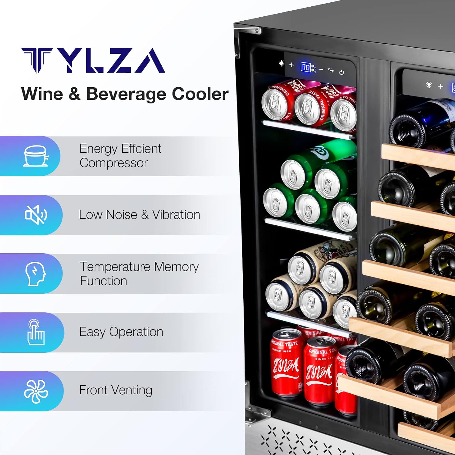 Tylza Wine and Beverage Refrigerator, 24 Inch Dual Zone Wine Beverage Cooler, Holds 20 Bottles and 88 Cans, Built-In and Freestanding, Seamless Glass Door, Under Counter Beer Wine Refrigerator